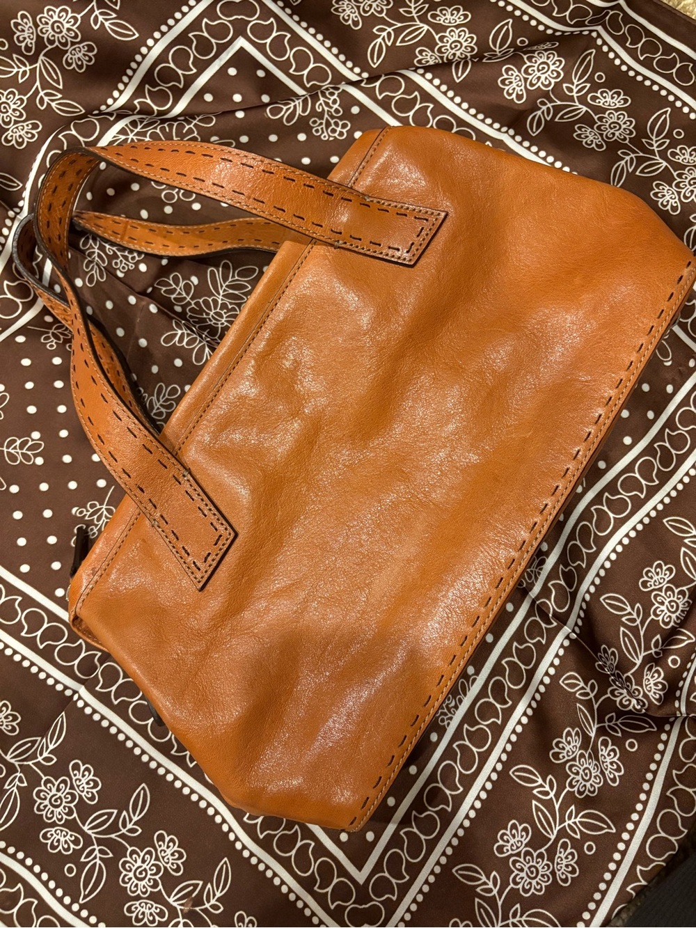 Vintage Fossil Tan Leather Triple Compartment Organizer Satchel Bag